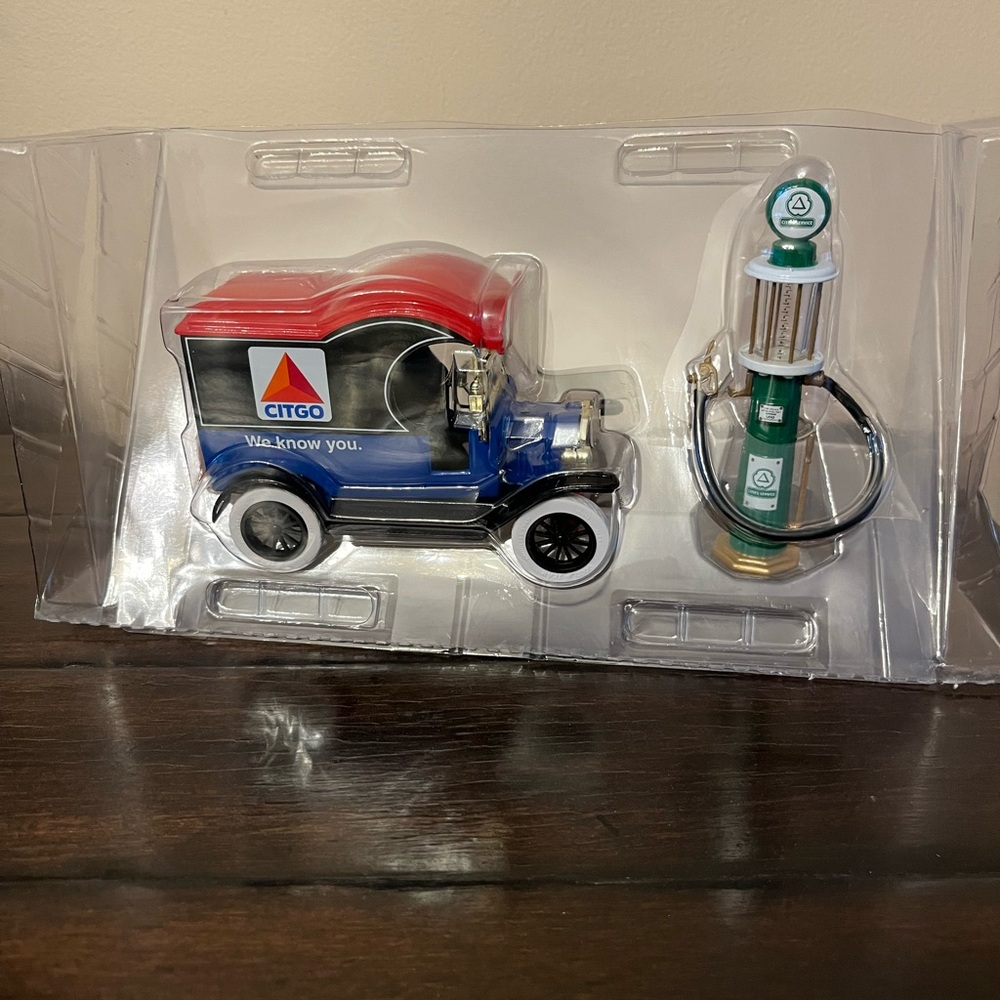 Blue and Red Toy Car with Gas Pump